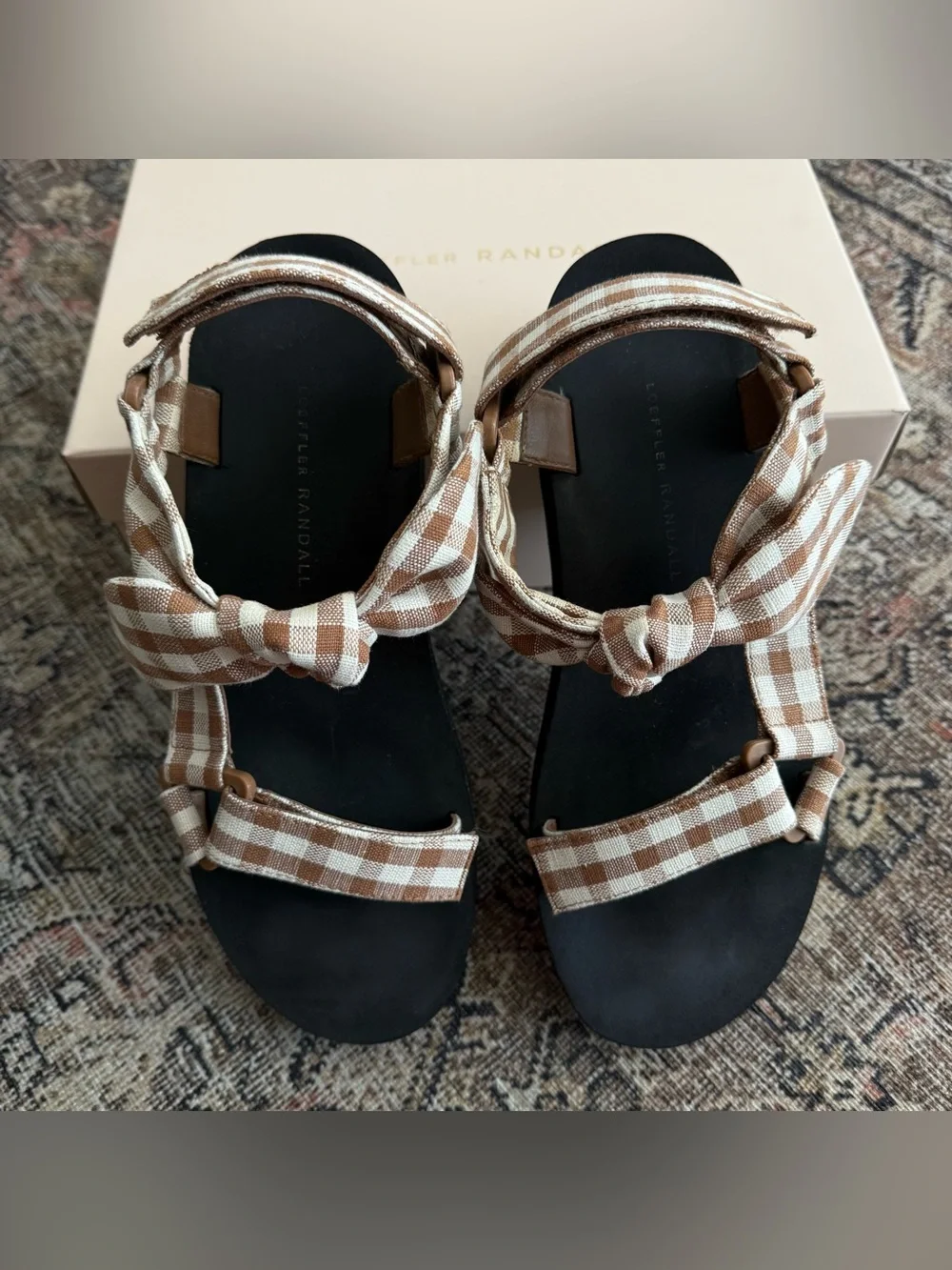 Loeffler Randall Maisie Brown and Cream Gingham Bow Sandals